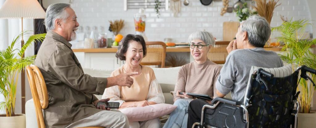 seniors chatting at an adult day care facility